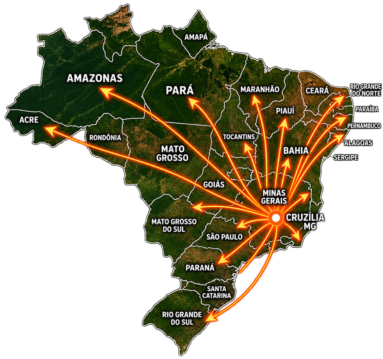 Mapa ilustrativo do Brasil com conexões saindo de Cruzília, Minas Gerais